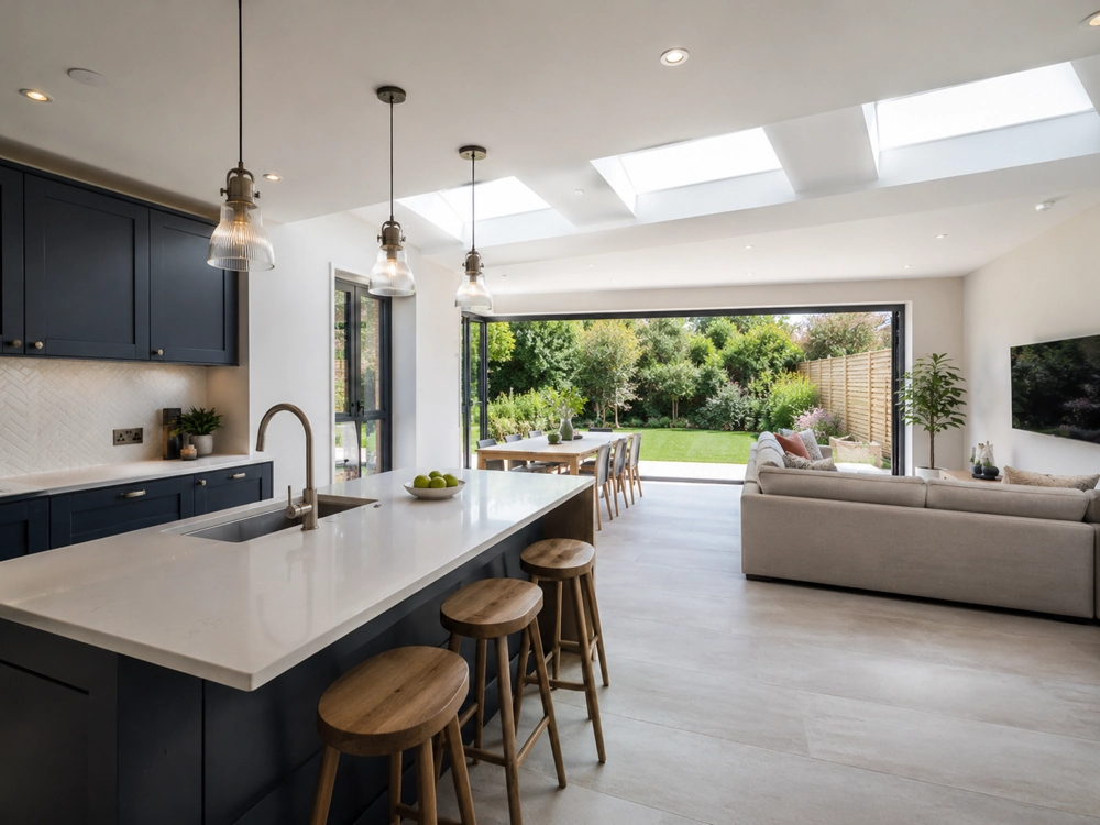 Open-plan kitchen with island and stools after kitchen installation, featuring laminate flooring
