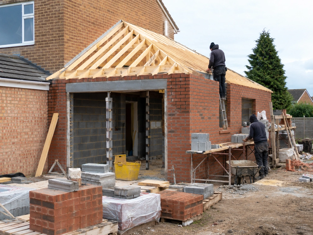 Two builders constructing brick walls and timber roof frame for a Single Storey Extension