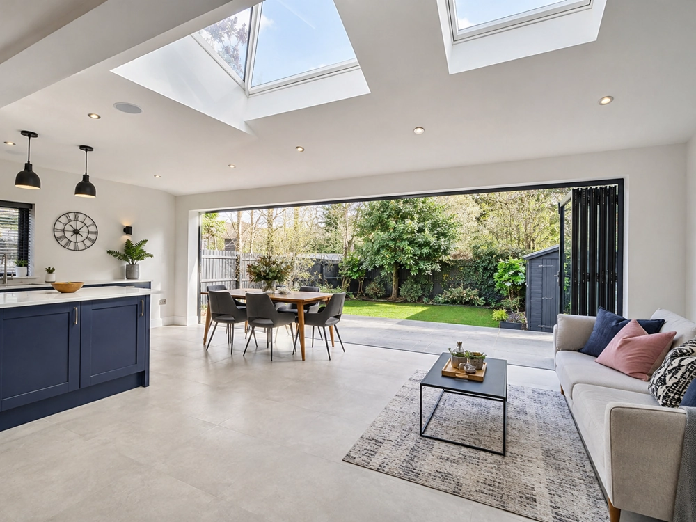 Open-plan kitchen and lounge in a Single Storey Extension featuring skylights, kitchen island, and bifold doors