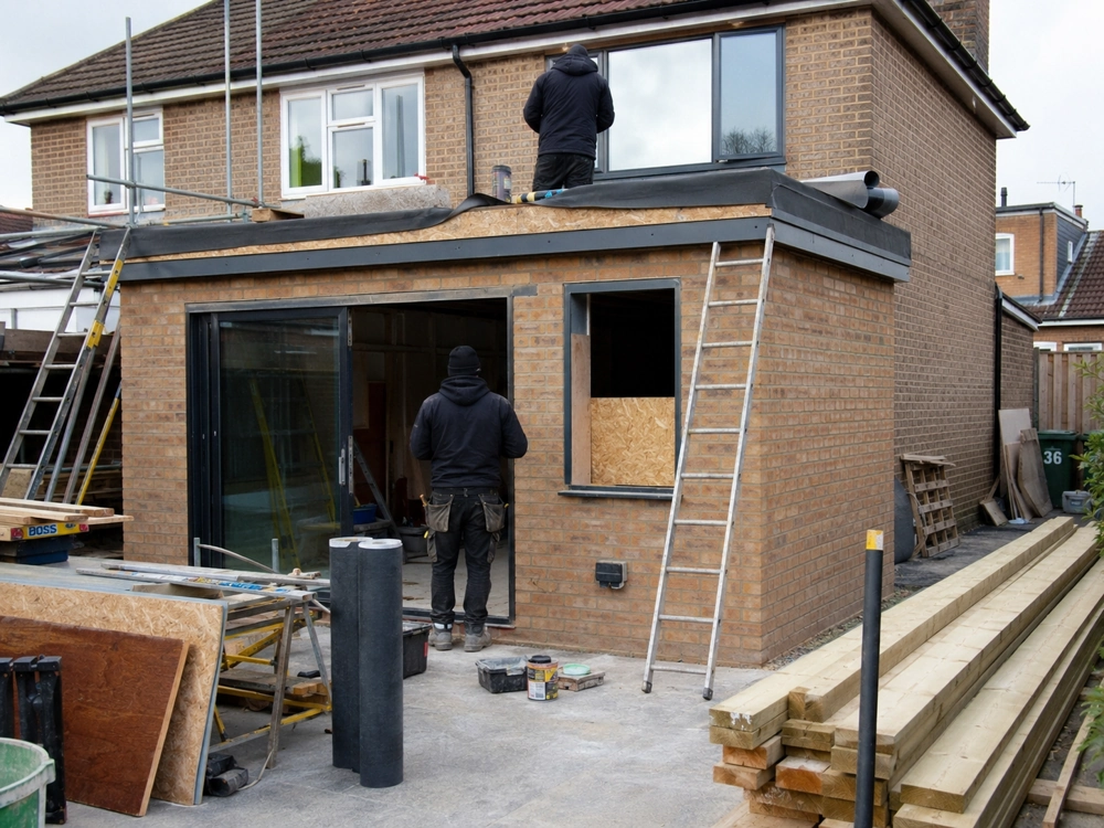Single Storey Extension under construction with brick walls, roofers, ladders and sliding glass door