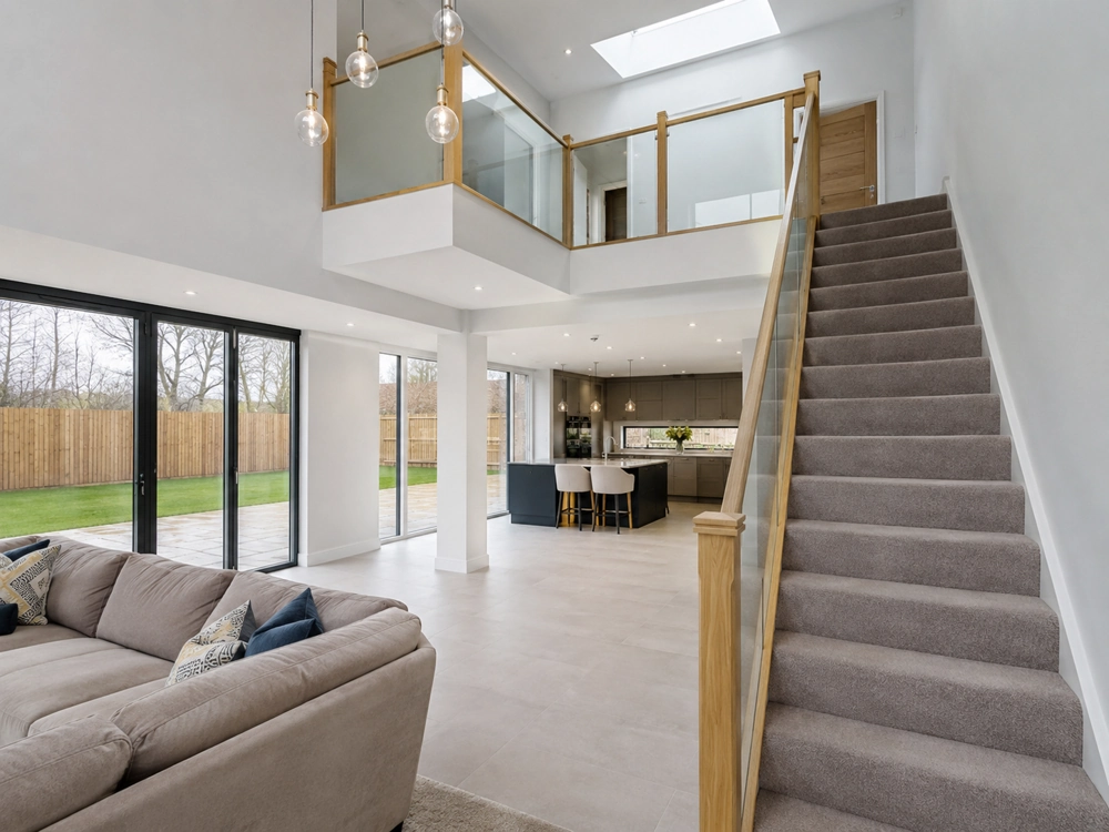 Bright open-plan living space with oak and glass staircase, kitchen island and patio doors in double storey extension