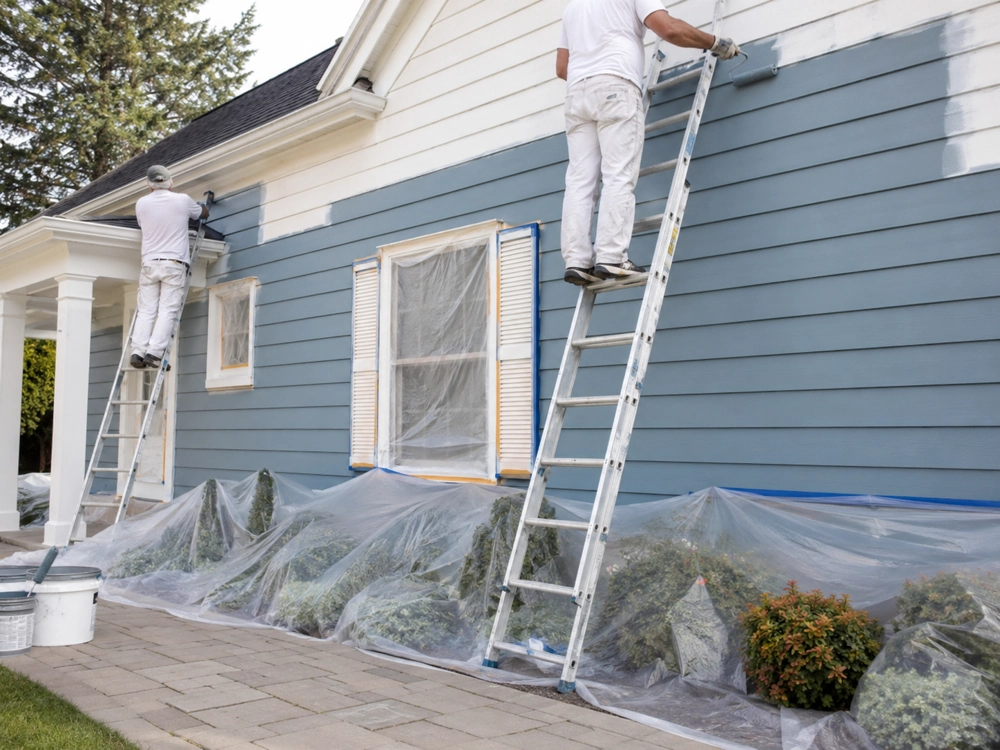Two painters on ladders applying blue and white exterior paint to a house with protective plastic covering shrubs