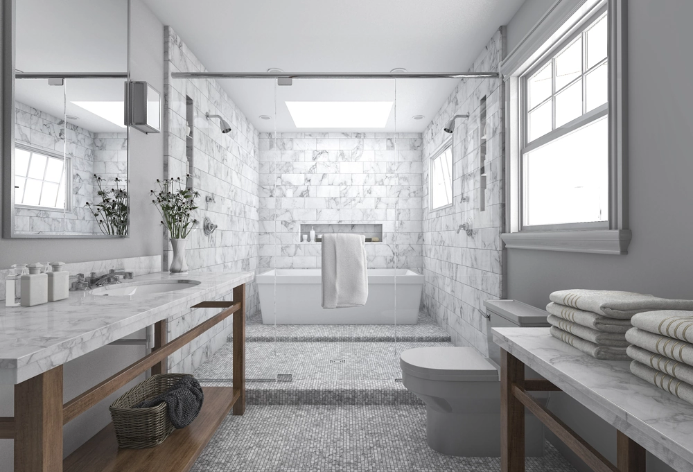 Modern bathroom after Bathroom Renovation with marble tiles, glass shower enclosure, freestanding tub and double vanity on wood base