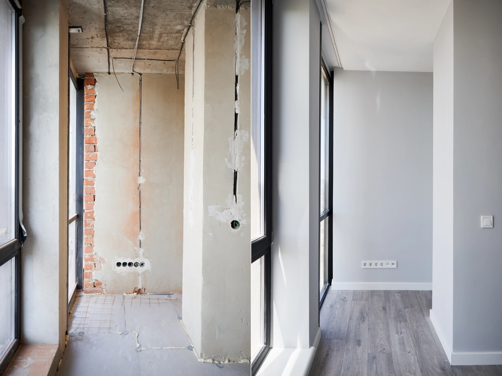 Before-and-after home renovation showing exposed brick and wiring transformed into a room with grey painted walls and laminate flooring