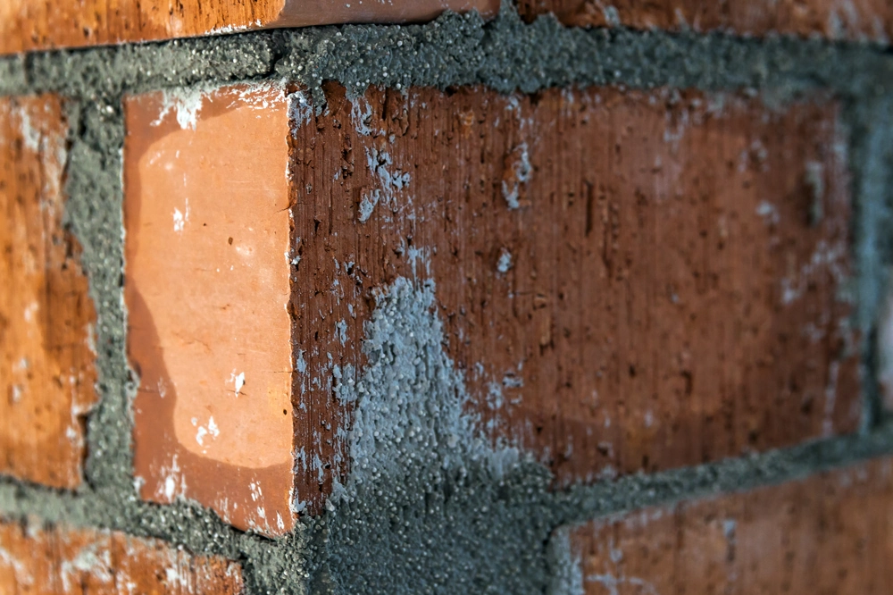 Corner brick wall with fresh mortar joints – bricklaying work
