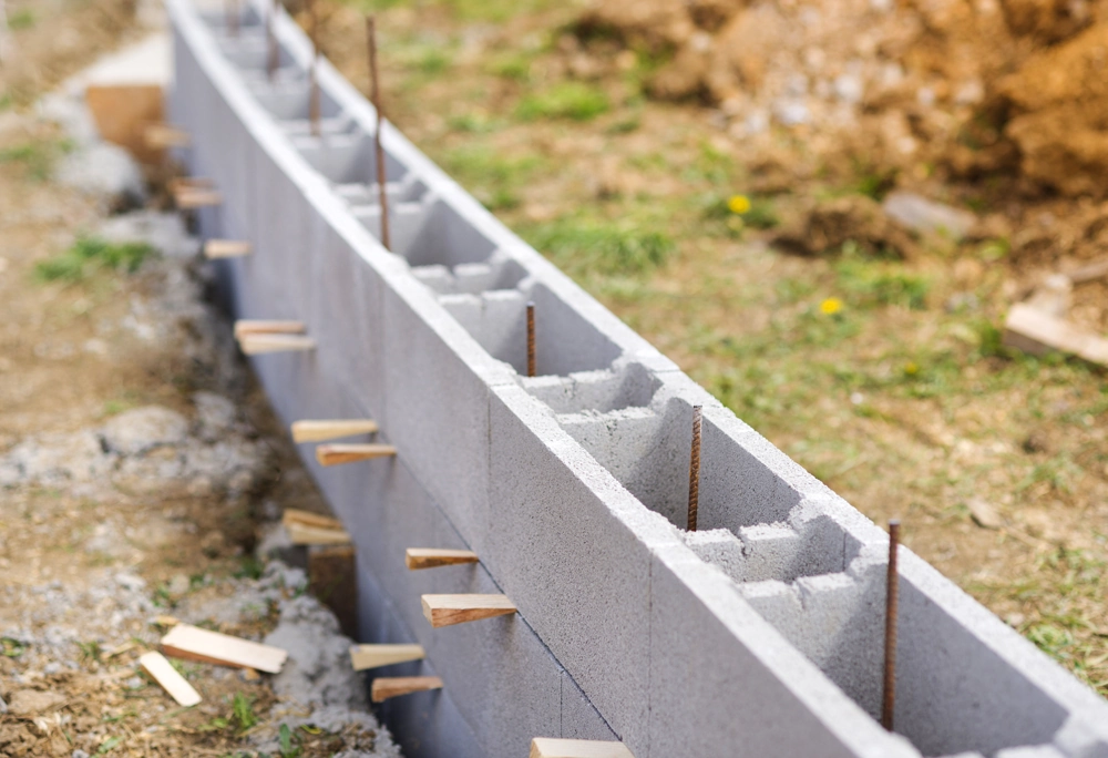 Concrete blockwork wall under construction with exposed rebar and wooden spacers on site