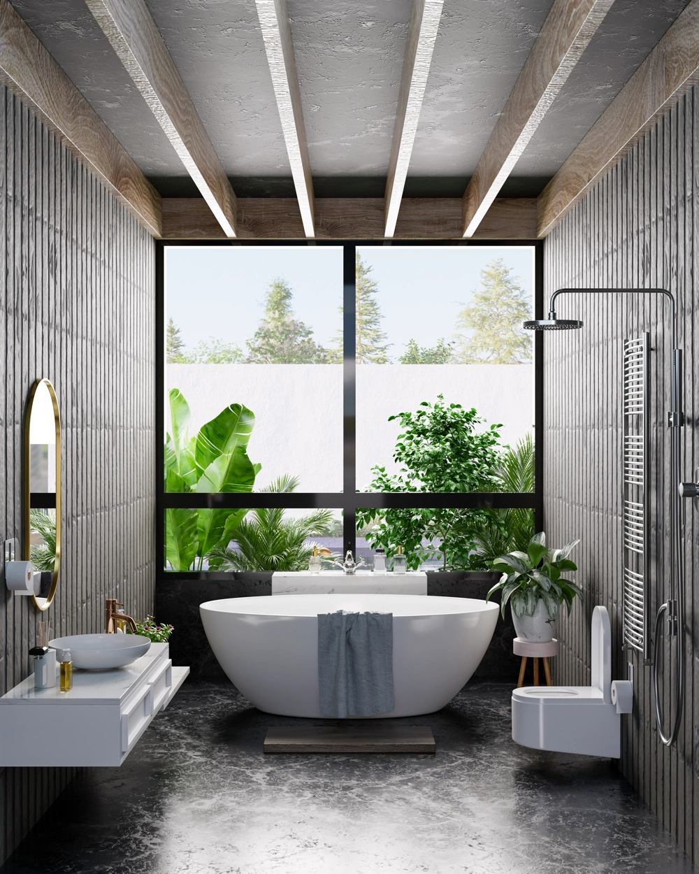 Bathroom Installation with freestanding bathtub, walk-in shower, floating vanity, large window and tiled walls