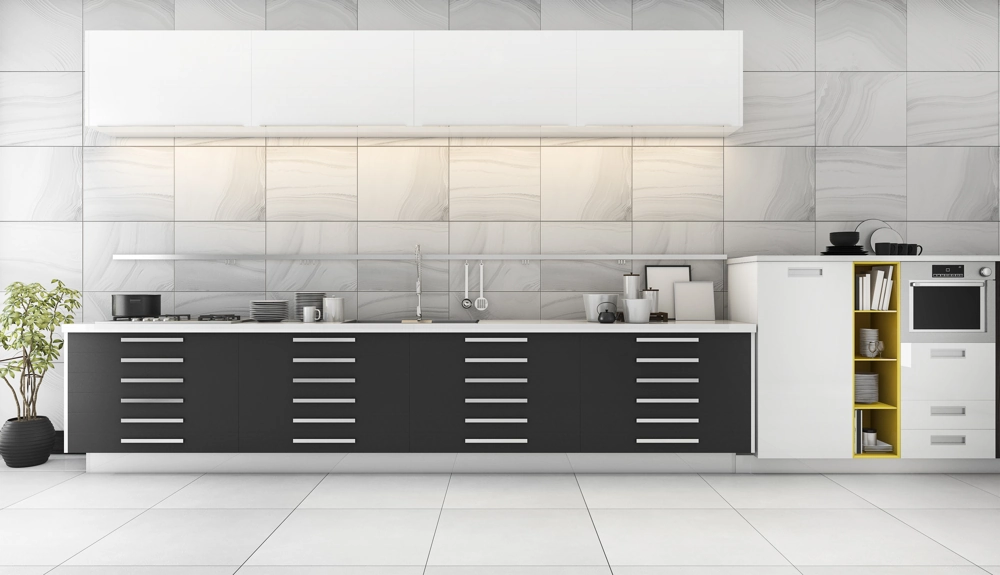 Minimalist kitchen with black lower cabinets, white countertops, tiled backsplash, integrated sink and hob Kitchen Installation
